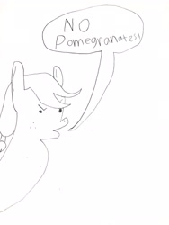 Size: 3024x4032 | Tagged: safe, artist:undeadponysoldier, applejack, earth pony, pony, angry, female, freckles, funny, mare, meme, no pomegranates, reference, solo, speech bubble, stylistic suck, traditional art