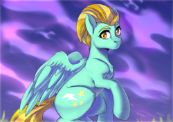 Size: 3508x2480 | Tagged: safe, artist:tigra0118, lightning dust, pegasus, pony, canon pony, female, full body, looking at you, my little pony, sky, solo