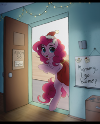 Size: 1310x1630 | Tagged: safe, artist:vird-gi, pinkie pie, earth pony, pony, chest fluff, christmas, commission, ear fluff, female, gift bag, hat, holiday, looking at you, mare, open mouth, santa hat, smiling, solo, standing