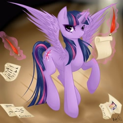 Size: 5000x5000 | Tagged: safe, artist:spidershii, twilight sparkle, twilight sparkle (alicorn), alicorn, pony, cutie mark, ear fluff, female, glowing horn, horn, looking at you, magic, mare, quill, raised hoof, raised wings, scroll, solo, telekinesis, wings, writing