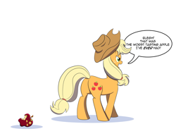 Size: 1493x1150 | Tagged: safe, artist:feralroku, derpibooru import, applejack, earth pony, pony, apple, applejack's hat, behind, butt, cowboy hat, devil fruit, disgusted, female, food, hat, one piece, plot, simple background, smile (devil fruit), solo, speech bubble, spoilers for another series, this will end in laughs, white background