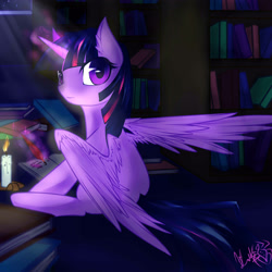 Size: 3500x3500 | Tagged: safe, artist:spidershii, twilight sparkle, twilight sparkle (alicorn), alicorn, pony, book, bookshelf, candle, ear fluff, female, glowing horn, horn, library, looking at you, looking back, looking back at you, magic, mare, night, quill, sitting, solo, spread wings, studying, telekinesis, wings, writing