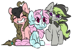 Size: 957x654 | Tagged: safe, artist:spoopygander, oc, oc:elli, oc:rozzy, oc:scoops, earth pony, pony, unicorn, blushing, braid, chest fluff, chibi, coat markings, cute, ear fluff, female, freckles, horn, mare, multicolored hair, outline, smiling, smirk