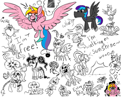 Size: 2000x1600 | Tagged: safe, artist:angiepeggy2114, oc, oc:evening light, alicorn, bird, changeling, changeling queen, duck, griffon, insect, ladybug, mouse, pegasus, pony, seapony (g4), unicorn, alicorn oc, cheese, deviantart watermark, female, food, hat, heart, mare, obtrusive watermark, sketch, sketch dump, spanish, walking on sunshine, watermark, white eyes