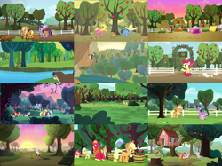 Size: 6000x4494 | Tagged: safe, screencap, apple bloom, applejack, big macintosh, blues, cherry berry, cozy glow, granny smith, noteworthy, scootaloo, spike, sweetie belle, twilight sparkle, twilight sparkle (alicorn), unicorn twilight, alicorn, beaver, dragon, earth pony, pegasus, pony, unicorn, bats!, brotherhooves social, buckball season, keep calm and flutter on, marks for effort, over a barrel, ppov, the break up breakdown, the cart before the ponies, the super speedy cider squeezy 6000, the ticket master, yakity-sax, apple, apple family, apple orchard, apple siblings, apple sisters, apple tree, appleloosa resident, art evolution, background pony, basket, bowling pin, brother and sister, clubhouse, collage, cowboy hat, crusaders clubhouse, cutie mark crusaders, dragons riding ponies, female, filly, foal, food, hat, male, mare, orchard, riding, siblings, sisters, stallion, sunset, sweet apple acres, tent, tree