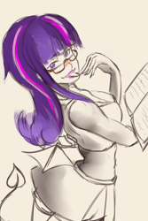 Size: 1000x1500 | Tagged: safe, artist:gguy123, twilight sparkle, twilight sparkle (alicorn), alicorn, human, book, clothes, female, glasses, humanized, licking, licking fingers, lipstick, looking at you, miniskirt, side slit, skirt, solo, tailed humanization, twilight's professional glasses, winged humanization, wings