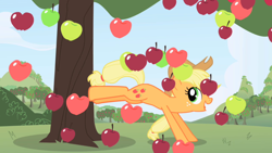 Size: 1280x720 | Tagged: safe, derpibooru import, screencap, applejack, earth pony, pony, apple, apple tree, applebucking, food, opening, solo, theme song, tree