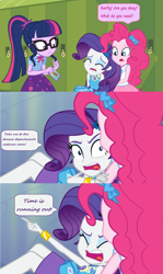 Size: 1600x2688 | Tagged: safe, edit, edited screencap, screencap, pinkie pie, sci-twi, twilight sparkle, equestria girls, equestria girls series, holidays unwrapped, spoiler:eqg series (season 2), bowtie, cellphone, clothes, comic, dialogue, fainted, geode of telekinesis, glasses, lockers, magical geodes, miniskirt, open mouth, phone, pocket, pointing, ponytail, screencap comic, skirt, speech bubble, yelling