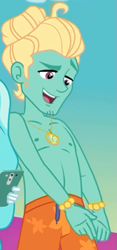 Size: 507x1080 | Tagged: safe, screencap, paisley, zephyr breeze, better together, equestria girls, i'm on a yacht, clothes, cropped, male, offscreen character, partial nudity, shorts, smiling, swimming trunks, topless, zephyr's necklace