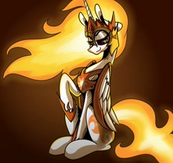 Size: 1080x1015 | Tagged: safe, artist:stiven, daybreaker, alicorn, pony, armor, female, fire, fire hair, full body, gradient background, helmet, mare, raised hoof, sitting, smiling, smug, solo