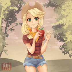 Size: 1280x1281 | Tagged: safe, artist:vilyann, artist:who-the-hell-is-vilyan, part of a set, applejack, human, apple, bandana, colored pupils, cute, denim shorts, female, flannel, food, humanized, jackabetes, looking at you, smiling, solo