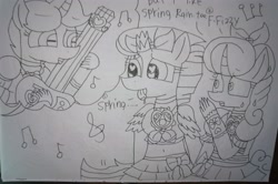 Size: 4516x2992 | Tagged: safe, artist:徐詩珮, fizzlepop berrytwist, glitter drops, spring rain, tempest shadow, anthro, plantigrade anthro, unicorn, series:ponies in precure universes, broken horn, female, glittershadow, horn, lesbian, lineart, mare, polyamory, precure, shipping, springdrops, springshadow, springshadowdrops, suite precure, traditional art