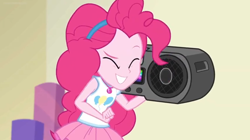 Size: 1600x898 | Tagged: safe, screencap, pinkie pie, better together, equestria girls, holidays unwrapped, boombox, clothes, cute, geode of sugar bombs, hairband, jamming out, magical geodes, skirt, smiling, solo