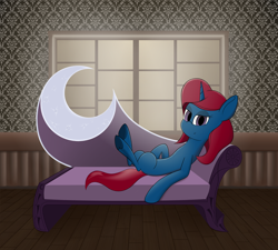 Size: 6000x5400 | Tagged: safe, artist:kaukanghong, derpibooru exclusive, oc, oc only, oc:teppo lily, pony, unicorn, fainting couch, female, indoors, lying, mare, moon, solo, unicorn oc, window