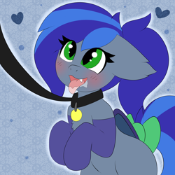 Size: 3000x3000 | Tagged: safe, artist:pegamutt, oc, oc only, oc:lunar aurora, bat pony, pony, abstract background, bat pony oc, blushing, bow, clothes, collar, dominant pov, drool, fangs, female, femsub, green eyes, leash, looking up, mare, pet play, pet tag, socks, submissive, tail bow, tongue out, ych result
