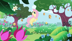 Size: 2880x1620 | Tagged: safe, screencap, fluttershy, pegasus, pony, the ticket master, bird house, canterlot gardens, female, flower, flying, garden, mare, tree