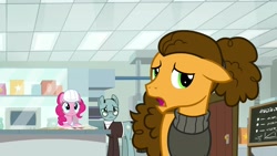 Size: 1920x1080 | Tagged: safe, screencap, cheese sandwich, pinkie pie, pony, the last laugh, alternate hairstyle, clothes, floppy ears, hard hat, sans smirk, sweater, turtleneck