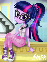 Size: 1536x2048 | Tagged: safe, artist:artmlpk, sci-twi, twilight sparkle, equestria girls, bow, canterlot mall, clothes, converse, cute, escalator, fashion, fountain, jeans, looking at you, pants, ponytail, shoes, smiling, smiling at you, sneakers, solo, twiabetes