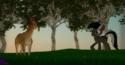 Size: 1776x931 | Tagged: safe, artist:kiodima, oc, oc:octaver, deer, pegasus, pony, cinema 4d, grass, tree