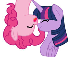 Size: 1009x792 | Tagged: safe, artist:missxxfofa123, pinkie pie, twilight sparkle, twilight sparkle (alicorn), alicorn, earth pony, pony, eyes closed, female, lesbian, mare, open mouth, shipping, simple background, twinkie, upside down, white background