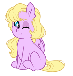 Size: 952x992 | Tagged: safe, artist:rosebuddity, oc, oc:valentine pie, pegasus, pony, female, filly, magical lesbian spawn, offspring, one eye closed, parent:derpy hooves, parent:pinkie pie, parents:derpypie, simple background, solo, white background, wink