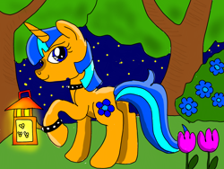 Size: 1024x768 | Tagged: artist needed, safe, artist:wolfspiritclan, oc, oc only, oc:velvet azalea, firefly (insect), insect, pony, unicorn, flower, garden, lantern, night, original character do not steal, recolor, solo, stars, tree