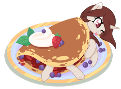 Size: 1175x859 | Tagged: safe, artist:ipandacakes, oc, oc:pancake, pony, unicorn, base used, female, food, horse meat, mare, meat, one eye closed, pancakes, ponies in food, pony as food, solo, tongue out, wink