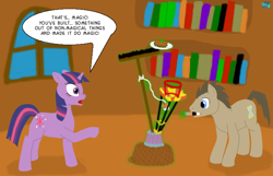 Size: 700x450 | Tagged: safe, artist:quint-t-w, doctor whooves, twilight sparkle, earth pony, pony, unicorn, dialogue, doctor who, library, magic, old art, parody, shocked, shocked expression, sonic screwdriver