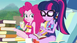 Size: 1920x1080 | Tagged: safe, derpibooru import, screencap, pinkie pie, sci-twi, twilight sparkle, better together, equestria girls, friendship math, book, clothes, duo, duo female, female, geode of sugar bombs, geode of telekinesis, juice, lemonade, magical geodes, swimsuit