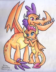 Size: 1890x2445 | Tagged: safe, artist:melisareb, billy (dragon), smolder, dragon, sweet and smoky, adorabilly, alternate ending, cousins, cute, dawwww, dragoness, duo, duo male and female, female, headcanon, hug, smolderbetes, teenaged dragon, traditional art