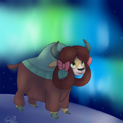 Size: 966x966 | Tagged: safe, artist:mapleicious, yona, yak, aurora borealis, bow, cloven hooves, cute, female, hair bow, monkey swings, night, sky, snow, solo, stars, yonadorable