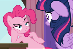 Size: 1402x940 | Tagged: safe, screencap, pinkie pie, twilight sparkle, twilight sparkle (alicorn), alicorn, earth pony, pony, a trivial pursuit, cropped, duo, female, floppy ears, glare, hoof on hip, looking at each other, mare, narrowed eyes, pinkie pie is not amused, raised eyebrow, raised hoof, sitting, unamused