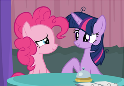 Size: 1188x826 | Tagged: safe, screencap, pinkie pie, twilight sparkle, twilight sparkle (alicorn), alicorn, earth pony, pony, a trivial pursuit, cropped, duo, female, looking at each other, mare, messy mane, raised hoof, sitting, smiling