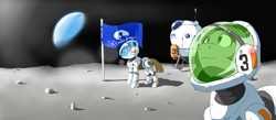 Size: 2400x1048 | Tagged: safe, artist:vinilyart, oc, pony, astronaut, flag, moon, moon landing, spaceship, spacesuit