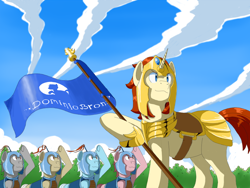 Size: 1000x750 | Tagged: safe, artist:vinilyart, pony, armor, cloud, flag, royal guard, salute