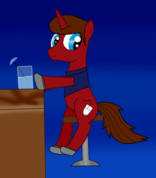 Size: 700x796 | Tagged: safe, artist:kanske-2099, oc, oc:flare gun, pony, unicorn, bar, clothes, computer mouse, shoes, sitting, stool, vest