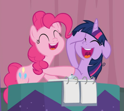 Size: 921x820 | Tagged: safe, screencap, pinkie pie, twilight sparkle, twilight sparkle (alicorn), alicorn, earth pony, pony, a trivial pursuit, cropped, cute, diapinkes, duo, eyes closed, female, floppy ears, laughing, mare, messy mane, open mouth, raised hoof, twiabetes