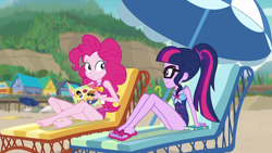 Size: 1920x1080 | Tagged: safe, derpibooru import, screencap, feather bangs, pinkie pie, sci-twi, twilight sparkle, better together, equestria girls, friendship math, barefoot, beach, clothes, duo, duo female, feet, female, flip-flops, geode of sugar bombs, geode of telekinesis, legs, magazine, magical geodes, male, sandals, sleeveless, swimsuit, umbrella