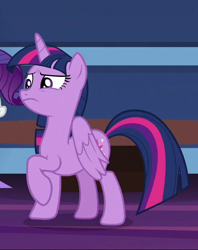 Size: 506x638 | Tagged: safe, screencap, twilight sparkle, twilight sparkle (alicorn), alicorn, the last problem, cropped, female, folded wings, frown, mare, offscreen character, raised hoof, solo focus, unsure, wings