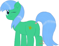 Size: 3277x2581 | Tagged: safe, artist:onil innarin, oc, oc:kruti napatum, earth pony, pony, butt, cute, dock, female, looking at you, looking back, looking back at you, one eye closed, plot, signature, simple background, smiling, transparent background, wink