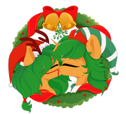 Size: 6223x5649 | Tagged: safe, artist:xsatanielx, oc, oc only, oc:main puppet, pony, unicorn, christmas, christmas wreath, commission, female, holiday, kissing, male, mare, rcf community, simple background, transparent background, wreath