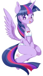 Size: 444x782 | Tagged: safe, alternate version, artist:mococo, twilight sparkle, twilight sparkle (alicorn), alicorn, pony, semi-anthro, adorasexy, anatomically incorrect, blushing, bow, bra, clothes, crop top bra, cute, female, incorrect leg anatomy, looking at you, mare, open mouth, panties, ribbon, sexy, simple background, sitting, solo, spread wings, twiabetes, underwear, white background, white underwear, wings