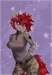 Size: 1394x2000 | Tagged: safe, alternate version, artist:sugarstar, oc, oc only, anthro, earth pony, anthro oc, blushing, clothes, commission, female, looking away, mare, military uniform, rcf community, simple background, smiling, solo