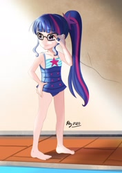 Size: 1600x2264 | Tagged: safe, artist:love2eategg, sci-twi, twilight sparkle, human, equestria girls, barefoot, child, clothes, cute, feet, female, glasses, hand on hip, human coloration, humanized, one-piece swimsuit, ponytail, solo, swimsuit, twiabetes, younger