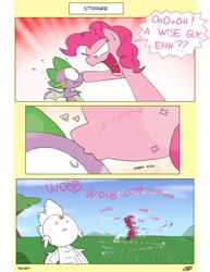 Size: 786x1017 | Tagged: safe, artist:loreto-arts, pinkie pie, spike, dragon, earth pony, pony, bipedal, comic, female, forehead kiss, kiss mark, kissing, lipstick, male, pinkiespike, shipping, straight, the three stooges