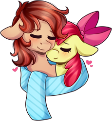 Size: 1580x1721 | Tagged: safe, artist:grapegrass, apple bloom, oc, oc:cottonwood kindle, earth pony, pony, canon x oc, clothes, commission, eyes closed, female, heart, male, mare, scarf, shared clothing, shared scarf, simple background, snuggling, stallion, transparent background, ych result