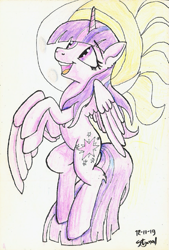 Size: 625x924 | Tagged: safe, artist:stjonal, twilight sparkle, twilight sparkle (alicorn), alicorn, pony, ascending, big tail, cute, cutie mark, female, flying, looking up, mare, moon, purple eyes, simple background, smiling, solo, sun, traditional art, white background, wings