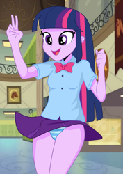 Size: 2000x2825 | Tagged: safe, artist:philelmago, artist:princess twilight sparkle, twilight sparkle, equestria girls, rainbow rocks, blue underwear, breasts, clothes, female, panties, peace sign, skirt, skirt flip, solo, striped underwear, thighs, underwear, upskirt