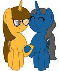 Size: 1000x1200 | Tagged: safe, artist:colorcodetheartist, oc, oc only, oc:color code, oc:midnight melody, pony, unicorn, 2020 community collab, derpibooru community collaboration, female, glasses, holding hooves, lesbian, oc x oc, ponysona, shipping, smiling, squishy cheeks, transparent background