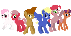 Size: 1280x650 | Tagged: safe, artist:dexterousdecarius, derpibooru import, oc, oc:buff biceps, oc:cal, oc:calzone, oc:flash hunter, oc:hunter, oc:pepper, oc:rhubarb, oc:sizzle spark, pony, base used, offspring, parent:bulk biceps, parent:cheese sandwich, parent:flash sentry, parent:fluttershy, parent:pinkie pie, parent:tempest shadow, parent:twilight sparkle, parents:cheesepie, parents:flashlight, parents:flutterbulk, parents:tempestsentry, simple background, transparent background